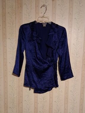 Ann Taylor Factory Deep Navy Ruffle Wrap Blouse